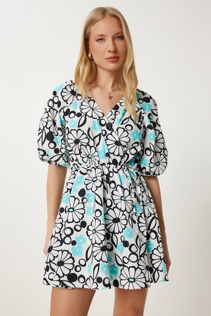 Women's White Blue Wrap Collar Patterned Summer Dress Fk00022