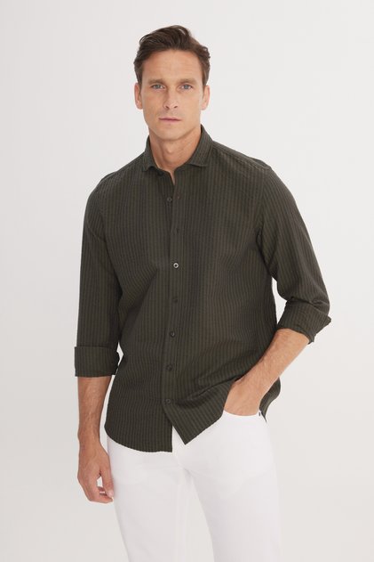 Men's Khaki Slim Fit Slim Fit Italian Collar 100% Cotton Seersucker Shirt