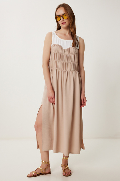 Happiness stanbul Women's Beige Contrast Color Flounced Midi Ayrobin Dress  Tp00063- Trendyol