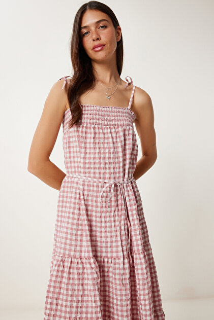 Happiness stanbul Women's Dusty Rose Strap Checked Flounced Summer Dress  Fk00031- Trendyol