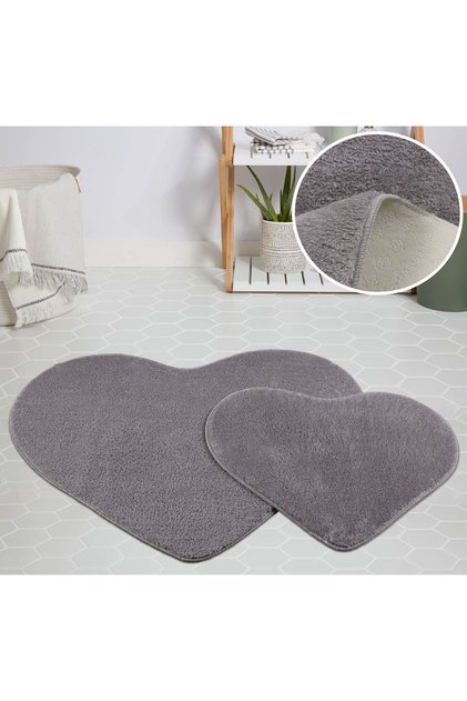 My Evilla Modern Decorative Carpet Gel Non-Slip Base Plush Puffy Heart Model Gray Floor Mat Set 70X100-70X