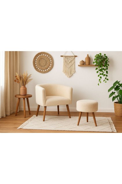 Çay Seti Krem Tekli Koltuk Berjer Ve Puf Takımı (SALON, BALKON, OFİS) 2 Li Takım