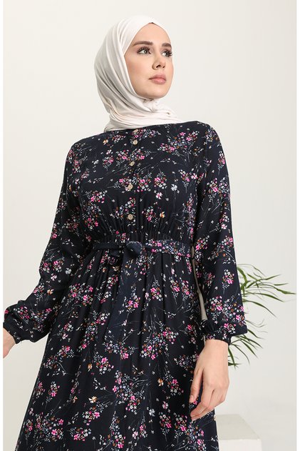 Floral Patterned Viscose Dress 5068-04 Navy Blue