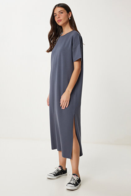Lovelystanbul Cotton Summer Casual Combed Dress Anthracite Lub0056-  Trendyol