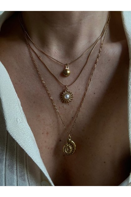 Stainless Steel 3-Piece Mussel Pearl Sun Necklace Set
