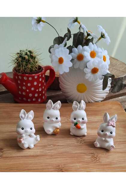 melora 5 cm 4'lü +1 Hediye Tavşan Biblo Set,Dekoratif Masa Vitrin