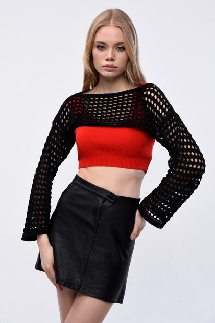 Kadın Siyah Ajurlu Bolero