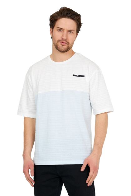 Oversize White/blue Men's Jacquard Crew Neck Short Sleeve T-shirt