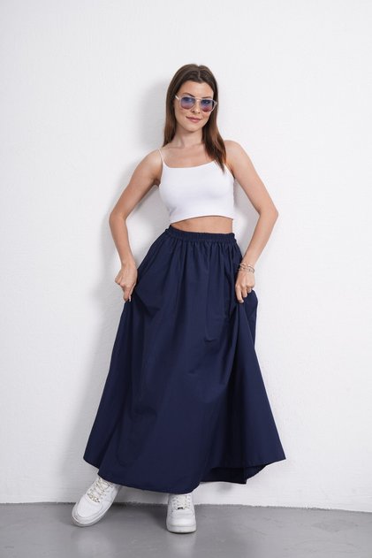 Premium Elastic Waist Long Poplin Skirt with Floto Pocket (90cm)