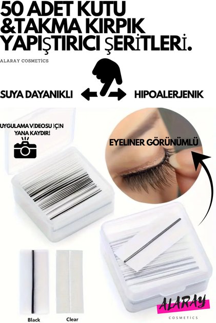 EYELENIR GÖRÜNÜMLÜ TAKMA KİRPİK YAPIŞTIRICI ŞERİTLERİ 50 ADETLİK KUTU WATERPROF