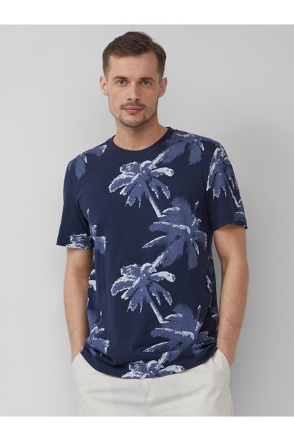 Ανδρικό T-shirt με τροπικό τύπωμα, βαμβάκι, κανονική εφαρμογή, σκούρο μπλε