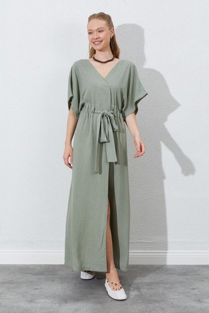 Women's Khaki Low Sleeve Waist Tunnel Belt Linen Long Dress