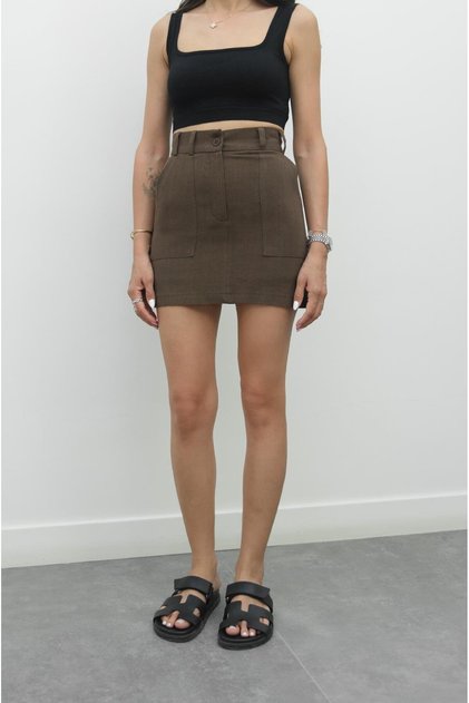 Brown Wide Pocket Linen Shorts Skirt