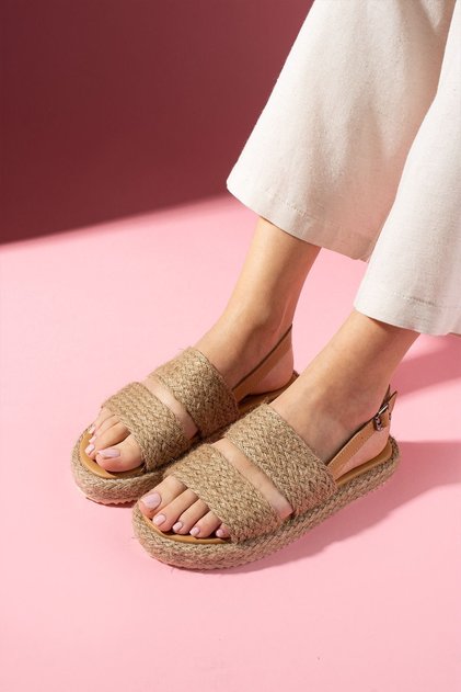 Sandy Mink Straw Strap High Straw Wrap Sole Premium Sandals