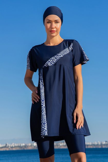 Lycra Short Sleeve Semi-Covered Swimsuit 25222-2 Navy Blue