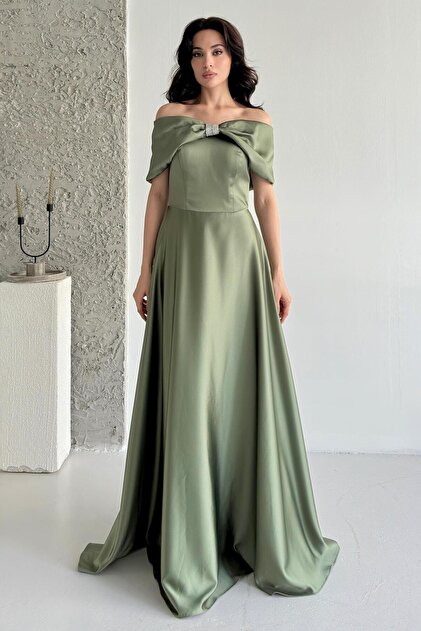 Serica Moda Khaki Evening Dress with Stone Bow Detail on the Front- Trendyol