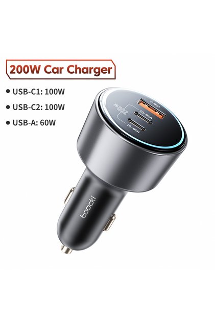 Black 200W Car Charger USB Type C QC 4.0 PPS 45W PD 100W Fast Charging USB C Car Phone