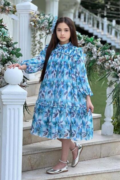Girls' Blue Dress with Ruffle Detail on Collar and Shoulders and Floral Embroidered Pleats