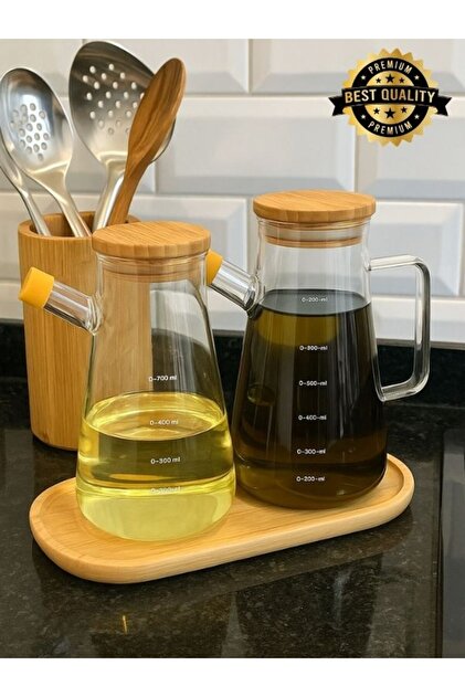 prokitchen 3'lü Bambu Kapaklı Vakumlu Yağdanlık Borosilikat Set