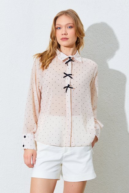Polka Dot Chiffon Blouse with Stone Ribbon Detail | Ek1001718191