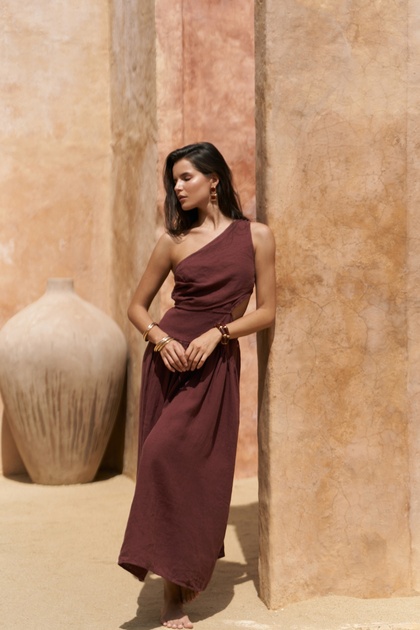 BOHEMA Mharia Asymmetric Detail Burgundy Long Linen Dress- Trendyol