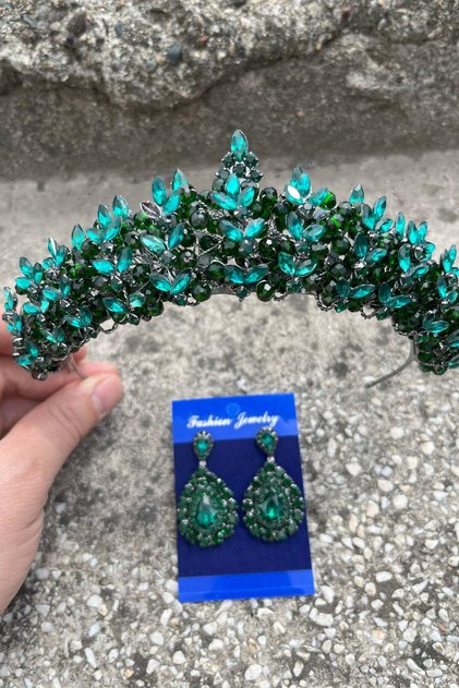 Aldonsa Green Bridal Henna Crown Special Occasion Accessory Women's Crown and Drop Shuttle Earring Set