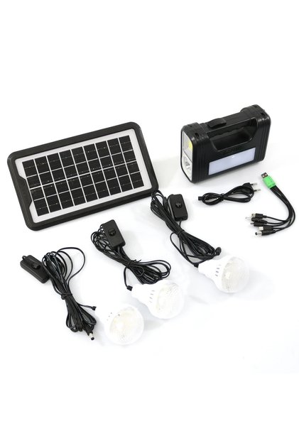 Sistem de iluminare solară GDPLUS cu 3 becuri, lanternă și încărcător USB, portabil, GD-8017COB