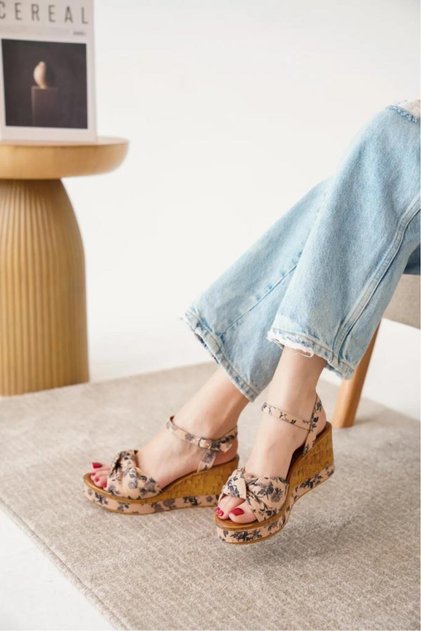 Frzn 03189 Women's Wedge Heel Floral Patterned Sandals Shoes