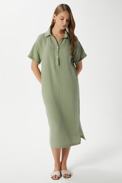 Women's Eva 100% Cotton Muslin Polo Neck Slit Khaki Midi Dress