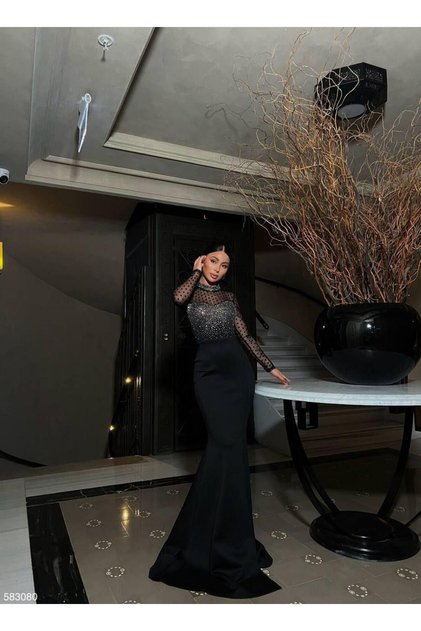 Rochie de seară Asra, cu detalii din tul, strălucitoare, negru, 583080