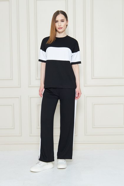 Women's Front and Sleeve Stripe Detailed Modal Fabric Short Sleeve Tracksuit Set