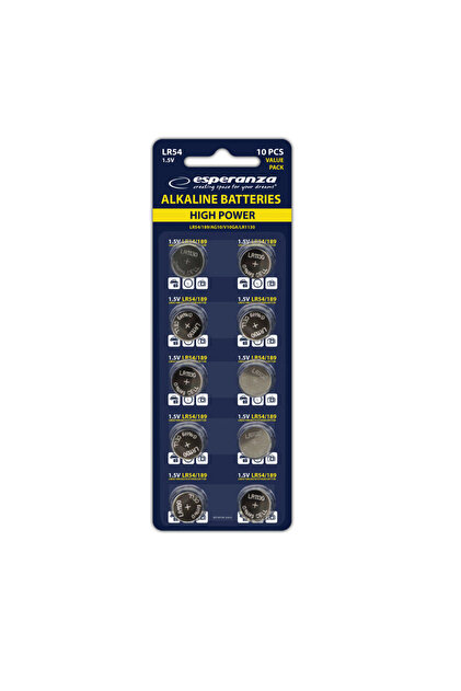 Set 10 baterii alcaline LR54 AG10, Esperanza 95793, tip buton, 1.5V, la blister