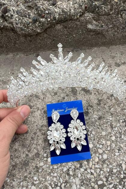 Alyce Silver Bridal Henna Crown Special Occasion Accessory Women's Crown and Three Shuttle Earrings Set – Crown, Crystal Stone