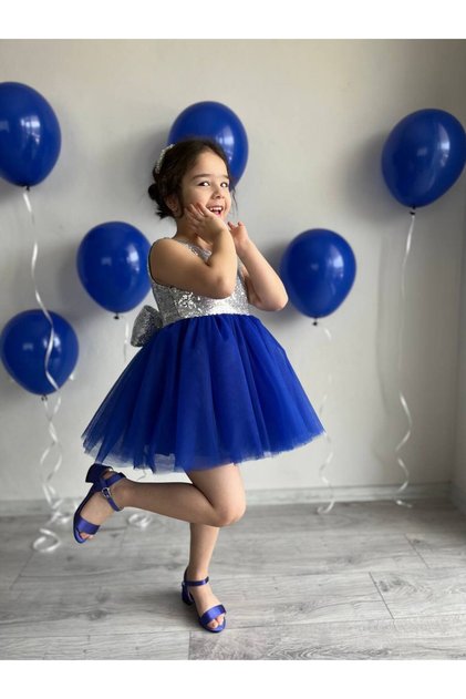 Cobalt Blue Tutu Skirt Detailed Silver Sequin Girl's Party Dress