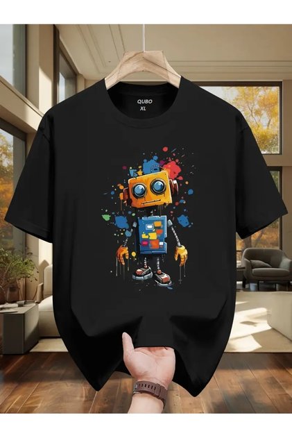 qubo Unisex Oversized Printed Cotton Crew Neck Short Sleeve BLACK T-shirt