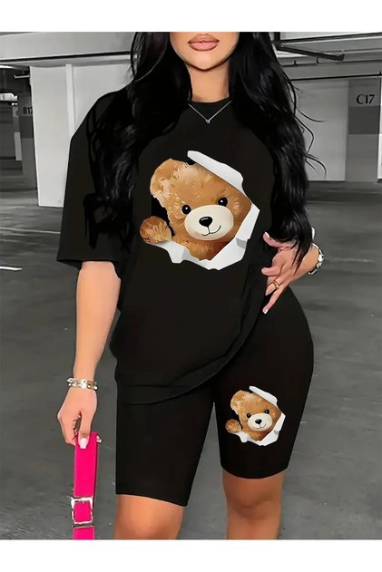 Women's Window Cute Bear Printed T-Shirt, Scuba Diver Short Leggings Set (Leggings T-Shirt Set)
