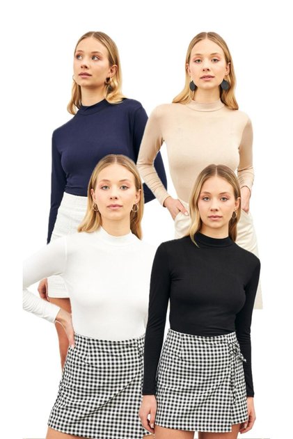 Women's White Black Cream Navy Blue 4-Piece Turtleneck Body