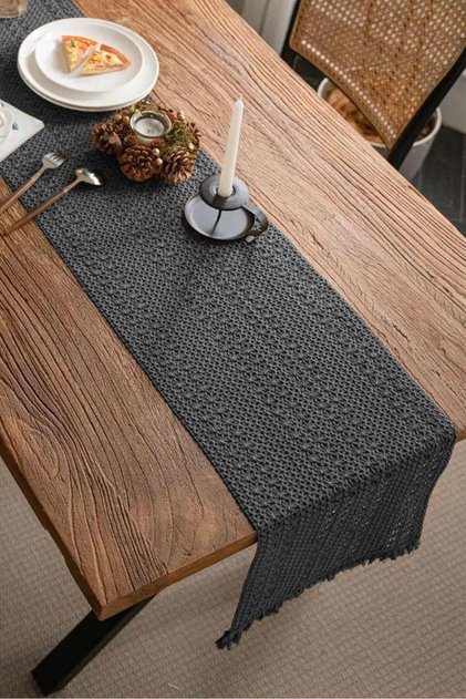 Organik Pamuk Dantel Runner Kelebek Desen 150x35 ANTRASİT