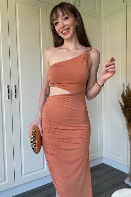 Orange One Shoulder Waist Detailed Sandy Fabric Slit Dress