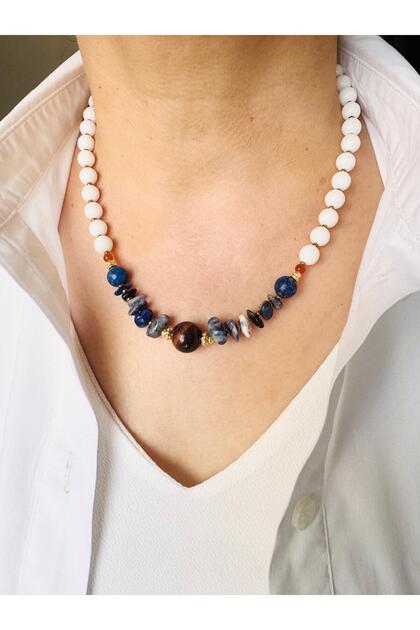 Tiger Eye Agate and Lapis Natural Stone Marine Necklace 48 cm