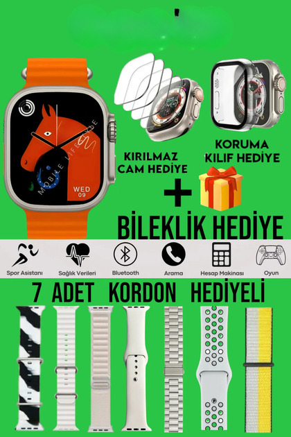 Watch Ultra 2 Akıllı Saat +7 Kordon+ Kırılmaz Cam +Kılıf Ve Bileklik Hediyeli Oyunlu Özel Set