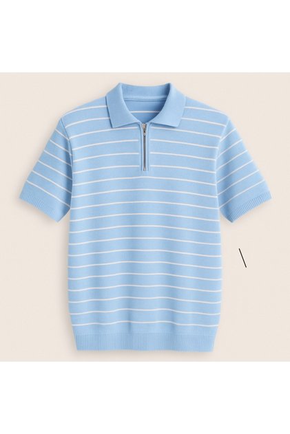 Striped Design Polo Collar Zipper Breathable Short Sleeve Men's Summer Knitwear T-Shirt