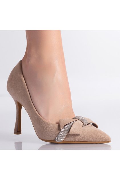 Pantofi cu toc de damă, bej, din piele întoarsă, Riham, 36