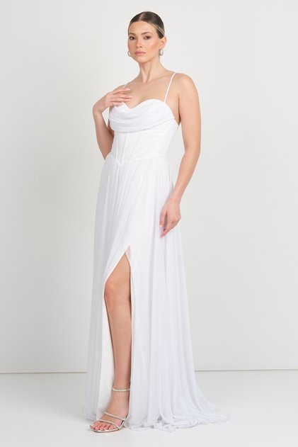 Doridorca Women's Waist Corset and Rope Strap Maxi Evening Dress 5108 White