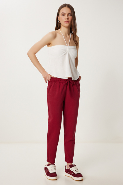 Women's Burgundy Pocketed Gabardine Trousers Wf00113