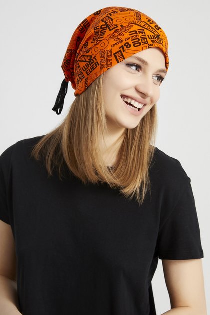 Women's Orange, Black Figured Rope Detailed 4 Season Hat Beanie Buff - Ultra Soft Natural Combed Cotton Fabric