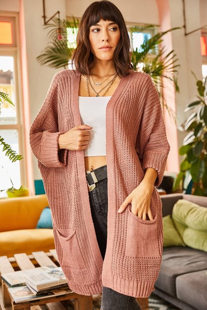 Woman's Dusty Rose Sleeve Folded Pocket Loose Knit Cardigan HRK-19000123