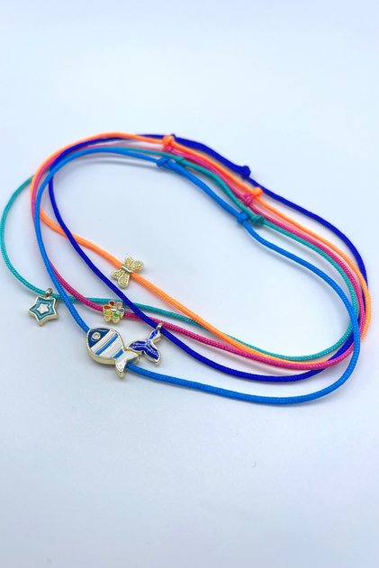 Fish Tail Flower Star Dragonfly Figured Pink Turquoise Orange Midnight Blue Rope Anklet Set (5 Pieces)