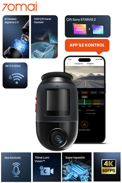 70MAİ X200 Omni 128GB 360° Dönebilen Araç Içi Kamera - Kırmızı