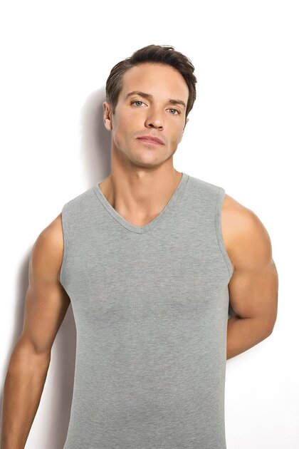 Men's Gray Melange Cotton V-Neck Undershirt 115